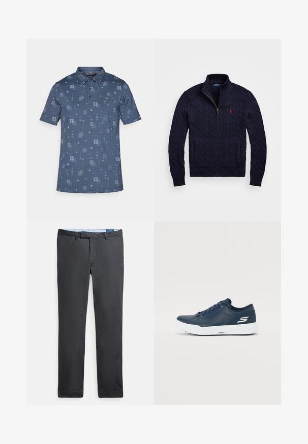 Polo Ralph Lauren CABLE-KNIT COTTON FULL-ZIP JUMPER - Cardigan - hunter navy; Kortermet polo skjorte i mørk blå, med et teksturert mønster av firkanter og geometriske former i lysere blått og accenter av korall.; Mørkegrå chinos med flatt skjørt, sidelommer og beltestropper; laget av glatt, vevd stoff; rett ben-design med en ren kant.; Marineblå sneakers med glat syntetisk overdel, polstret krave og hvid sål. Har logo på siden og flade snørebånd for sikker pasform.