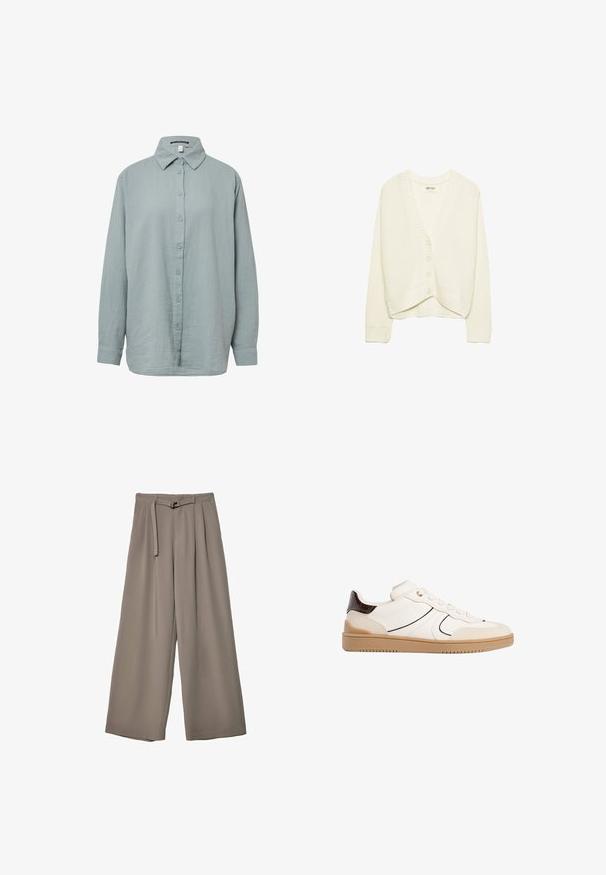 Bela skrajšana kardigan, pletena tekstura, V-izrez, pet gumbov na sprednji strani, rebrasti naglasi na manšetah in robu. Mehka tkanina, vsakdanji dizajn.; Svijetloplava košulja dugih rukava s gumbima. Izrađena je od mekog, teksturiranog materijala s klasičnim ovratnikom, s prednjim dijelom na tipke i rukavima s manžetama.; Široke hlače iz mehke, umirjene sive tkanine, z pasom, ki ga je mogoče zavezati, in z gubami za dodatne oblikovne podrobnosti. Gladka tekstura, brez vzorcev.; Stradivarius Športni copati - white