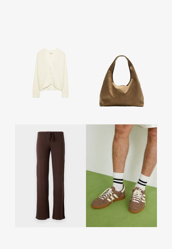 Bílý zkrácený cardigan, pletená textura, výstřih do V, pět knoflíkový přední zapínání, žebrované detaily na manžetách a lemu. Měkká tkanina, pohodlný design.; Bílý bavlněný top bez rukávů s kulatým výstřihem a přiléhavým střihem. Hladká textilie, jednoduchý design a minimální švy.; Hnědé joggingové kalhoty vyrobené z měkké látky. Mají stahovací pás a rozšířené nohavice pro pohodlí. Žádné viditelné vzory nebo kovové prvky.; Hnědé semišové tenisky s bílými akcenty a tkaničkami. Gumová podrážka. Nošeny s bílými ponožkami s černými pruhy. Zelená strukturovaná podlaha.; Hnědá textilní taška přes rameno s širokým, zaobleným tvarem a velkým výřezem na rukojeť. Měkká textura, minimalistický design a žádné viditelné kovové prvky.
