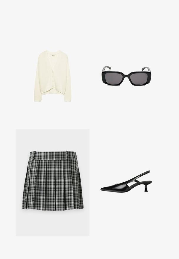 Witte gecropte cardigan, gebreide textuur, V-hals, vijf knopen aan de voorkant, ribbelaccenten op de mouwen en onderrand. Zachte stof, casual ontwerp.; Zwarte tanktop gemaakt van katoen, met een ronde halslijn en brede armopeningen. Gladde textuur met gestikte zomen. Klassiek, minimalistisch ontwerp.; Zwart-wit geruite geplisseerde rok met een gladde tailleband en meerdere verticale plooien. Gemaakt van lichte stof.; Zwarte gepatineerde leren slingback hakken met een puntige neus, uitsparing aan de zijkant en een kleine vierkante hak. Gladde textuur met minimale accenten.; Zwarte rechthoekige zonnebril met donkere lenzen, een gladde kunststof montuur en gebogen pootjes. Het ontwerp is robuust met een minimalistische esthetiek.
