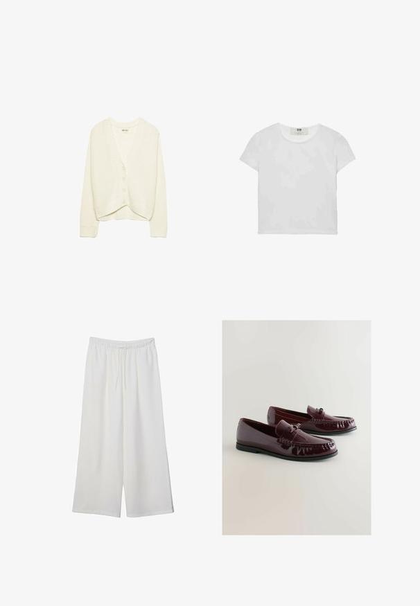 Biely skrátený kardigán, pletená textúra, výstrih do V, predné zapínanie na päť gombíkov, pružné detaily na manžetách a dolnom okraji. Mäkka tkanina, ležérny dizajn.; Biele tričko s krátkym rukávom a okrúhlym výstrihom, vyrobené z mäkkého bavlneného materiálu, s jednoduchým a čistým dizajnom bez viditeľných vzorov alebo doplnkov.; Biele široké nohavice z ľahkého materiálu s elastickým pásom a šnúrkou na nastavenie veľkosti. Hladká textúra.; Bordové lakované mokasíny s okrúhlou špičkou, dekoratívnym pásikom a jemným prešívaním. Čierna gumová podrážka.
