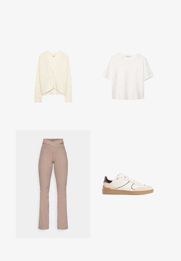 Valkoinen lyhyt neuletakki, neulottu rakenne, V-pääntie, viiden napin etulukitus, kiehkuroita hihansuissa ja helmassa. Pehmeä kangas, rento muotoilu.; Valkoinen lyhythihainen T-paita, joka on tehty puuvillasta. Siinä on pyöreä kaula-aukko ja rento malli. Silkkinen pinta ilman näkyviä kuvioita tai koristeita.; Beige ribbattuja levenevät housut korkealla ristikkäisellä vyötäröllä. Suora rakenne ja hyvin istuva muoto, kapenevat polvesta helmaan. Saumadetaljit näkyvät.; Stradivarius Matalavartiset tennarit - white