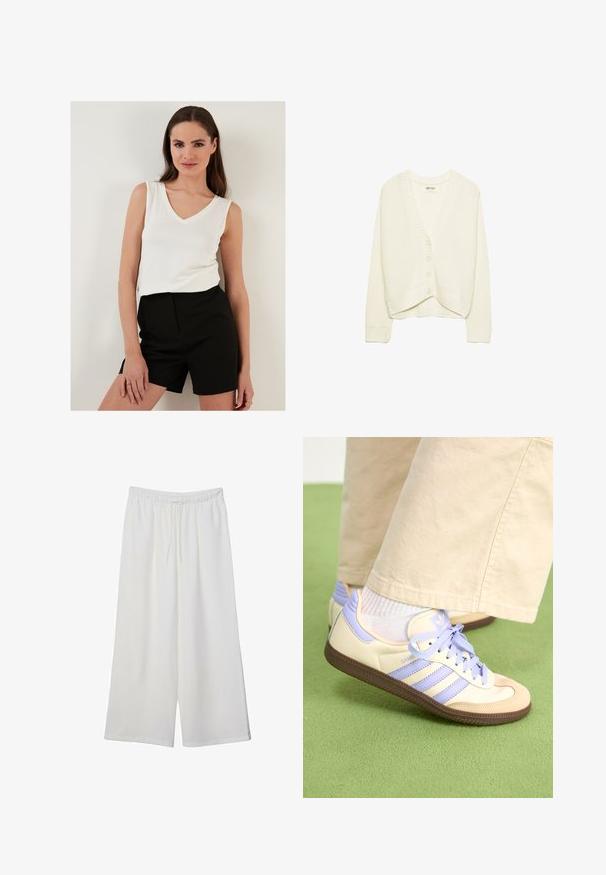 Biała krótka kardigan, dzianinowa tekstura, dekolt w serek, pięć guzików z przodu, prążkowane wykończenia na mankietach i dołach. Miękki materiał, casualowy styl.; Biała bezrękawnikowa bluzka z dekoltem w kształcie litery V zestawiona z czarnymi szortami o wysokim stanie; oba elementy odzieży charakteryzują się lekkim materiałem i gładką fakturą.; Białe szerokie spodnie wykonane z lekkiego materiału, z elastyczną talią i sznurkiem do regulacji fasonu. Gładka tekstura.; Kremowe i lawendowe trampki z trzema paskami oraz teksturowaną brązową podeszwą, wyposażone w sznurówki i wyścieloną piętę. Górna część z miękkiego materiału.