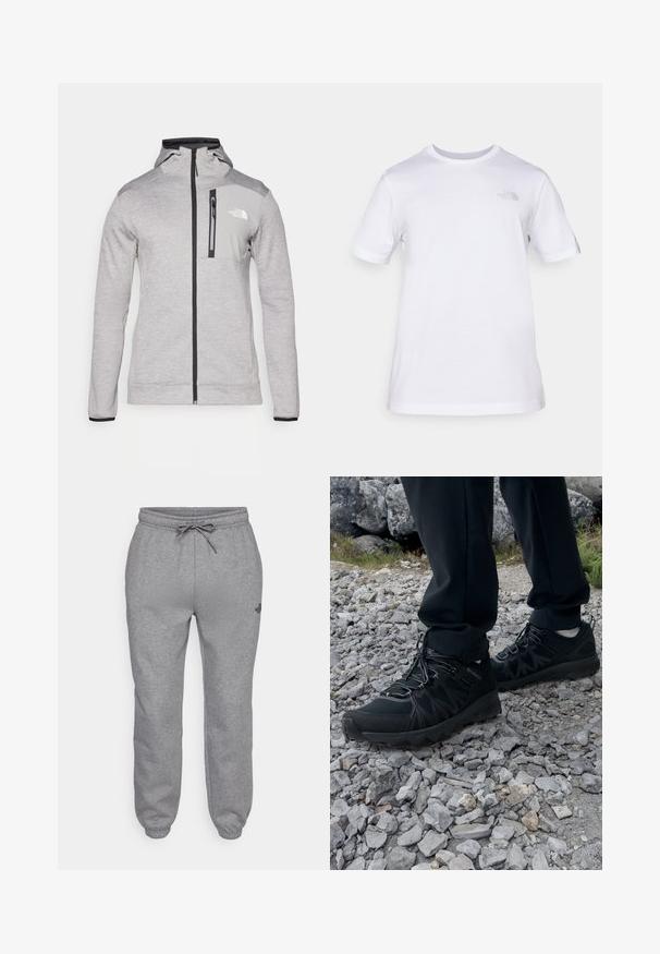The North Face MOUNTAIN ATHLETICS FULL ZIP JACKET - Fleecejakke - pale grey heather/meld grey; Hvit bomulls t-skjorte med korte ermer og rund hals. Har en liten grå logo på venstre bryst. Jevn tekstur, standard passform.; The North Face SIMPLE DOME REGULAR TAPERED JOGGER - Joggebukse - medium grey heather; Sorte utendørssko i svart med mesh og syntetisk materiale, med en teksturert overdel, sikret snøresystem og en robust såle, på steinete terreng.