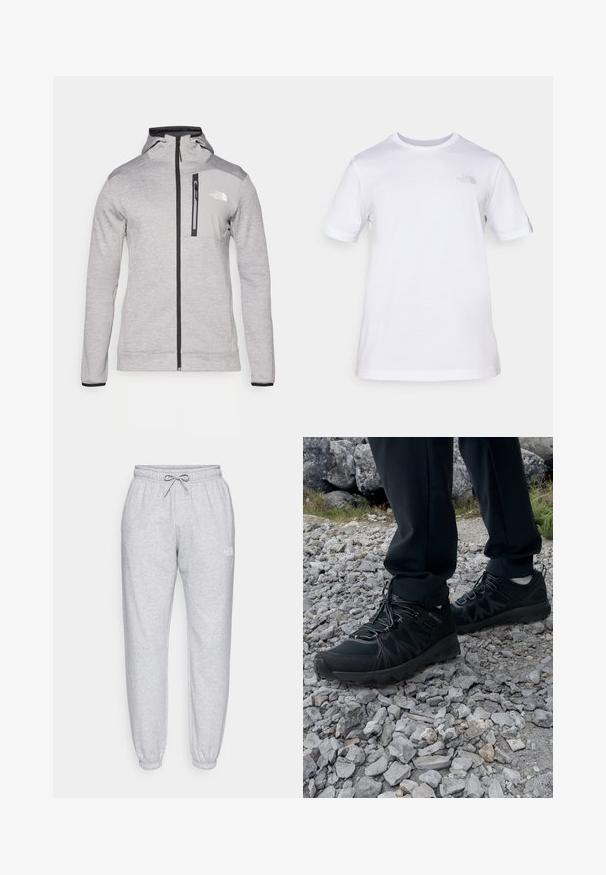 The North Face MOUNTAIN ATHLETICS FULL ZIP - Sweater met rits - pale grey heather/meld grey; Witte katoenen t-shirt met korte mouwen en een ronde hals. Heeft een klein grijs logo op de linkerkant van de borst. Soepele textuur, standaard pasvorm.; Lichtgrijze sweatpants met elastische tailleband en trekkoord. Met gebundelde enkels en subtiele branding op de bovenste been. Gemaakt van zachte stof.; Zwarte buitenschoenen van mesh en synthetisch materiaal, met een gestructureerd bovenwerk, een beveiligd vetersysteem en een robuuste zool, op een ruig terrein.