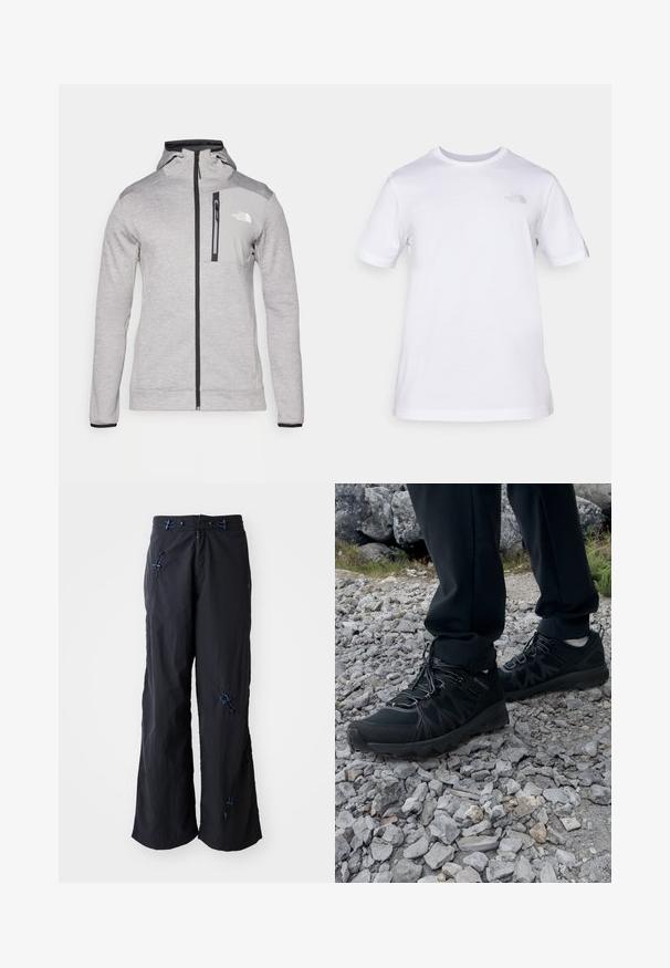 The North Face MOUNTAIN ATHLETICS FULL ZIP JACKET - Fleecová bunda - pale grey heather/meld grey; Bílý bavlněný tričko s krátkým rukávem a kulatým výstřihem. Obsahuje malé šedé logo na levé části hrudníku. Hladká textura, standardní fit.; Černé, lehké kalhoty s širokými nohavicemi a texturovaným povrchem. Obsahují modré akcenty a šňůrky pro nastavení. Zapínání na zip.; Černé venkovní boty z prodyšného a syntetického materiálu, s texturovaným svrškem, bezpečným šněrovacím systémem a robustní podrážkou, na skalnatém terénu.