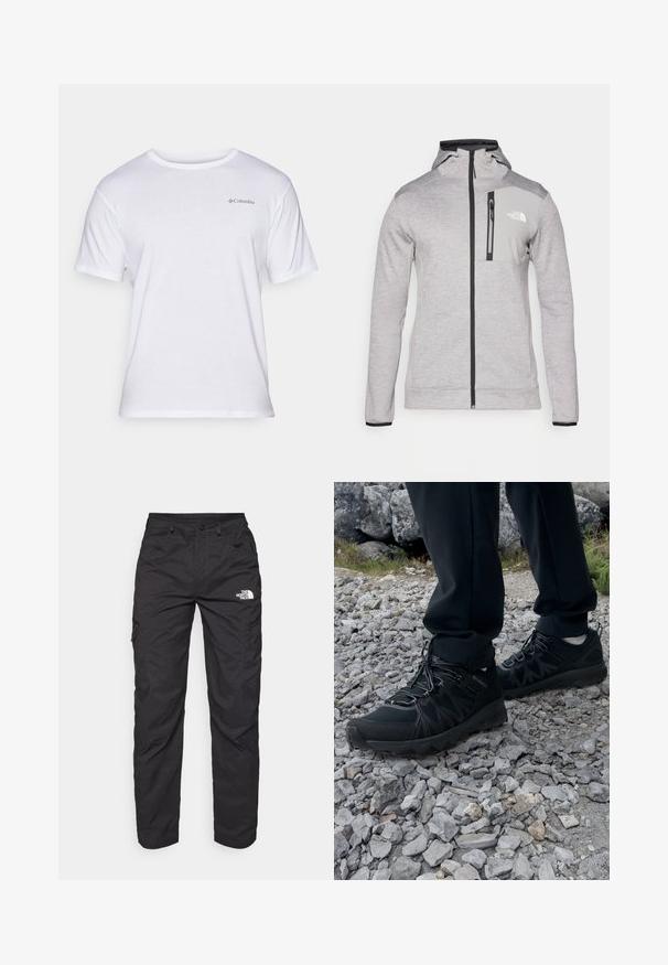 The North Face MOUNTAIN ATHLETICS FULL ZIP JACKET - Fleecejakke - pale grey heather/meld grey; Hvit bomulls t-skjorte med rund hals og korte ermer, med en liten grå Columbia-logo på venstre brystområde.; Sorte cargo bukser laget av lett stoff. Har glidelåslommer på siden og et logo på venstre lår. Rett ben-design.; Sorte utendørssko i svart med mesh og syntetisk materiale, med en teksturert overdel, sikret snøresystem og en robust såle, på steinete terreng.