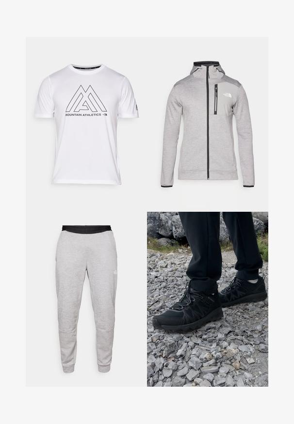 The North Face MOUNTAIN ATHLETICS FULL ZIP JACKET - Forro polar - pale grey heather/meld grey; Camiseta blanca de manga corta con un logo geométrico negro que dice "MOUNTAIN ATHLETICS" en el frente. Hecha de una tela suave y ligera.; The North Face PANT - Pantalones deportivos - pale grey heather/meld grey; Zapatos exteriores negros con malla y material sintético, que presentan un upper texturizado, un sistema de cordones seguro y una suela robusta, sobre terreno rocoso.