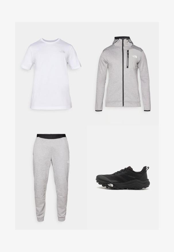 The North Face MOUNTAIN ATHLETICS jasnoszary; Biała bawełniana koszulka z krótkim rękawem i okrągłym dekoltem. Posiada małe szare logo po lewej stronie klatki piersiowej. Gładka tekstura, standardowy krój.; The North Face - Spodnie treningowe; Czarne buty do biegania w terenie z teksturowaną cholewką, gumową podeszwą i wzmocnionym noskiem. Posiadają wyściełany kołnierz oraz uchwyt do łatwego zakładania.
