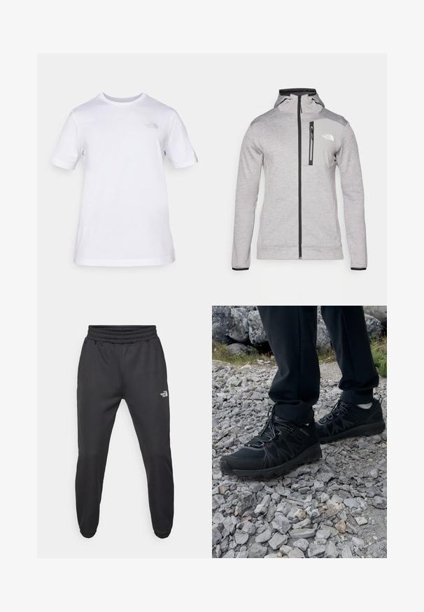 The North Face MOUNTAIN ATHLETICS FULL ZIP JACKET - Fleecejas - pale grey heather/meld grey; Witte katoenen t-shirt met korte mouwen en een ronde hals. Heeft een klein grijs logo op de linkerkant van de borst. Soepele textuur, standaard pasvorm.; Zwarte sweatpants met een trekkoord in de taille, tapered fit, elastische boorden en een klein wit logo op de linker dij, gemaakt van gladde stof.; Zwarte buitenschoenen van mesh en synthetisch materiaal, met een gestructureerd bovenwerk, een beveiligd vetersysteem en een robuuste zool, op een ruig terrein.