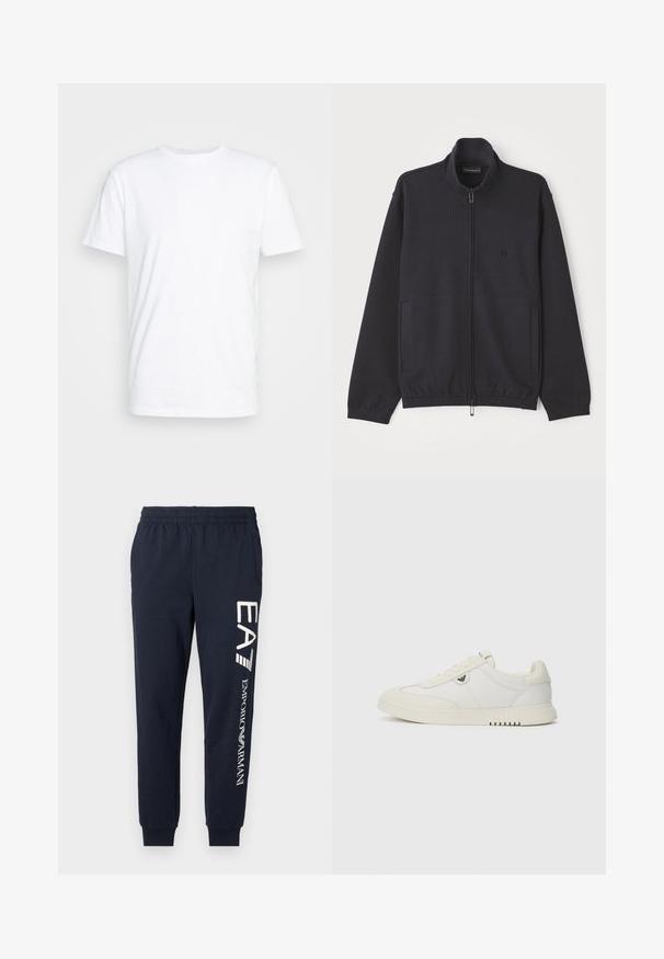 Saspiesta tumši zila jaka, izgatavota no teksturēta auduma, ar stāvu apkakli, divām sānu kabatām un diskrētu logo uz krūšu daļas.; Balta kokvilnas T-kreklu ar klasisku apaļu kakla izgriezumu, īsām piedurknēm un gludu tekstūru; bez rakstiem vai redzamām logo.; Tums zilas kokvilnas sporta bikses ar elastīgu jostu, saplacinātām kājām un kontrastējošiem baltajiem EA7 un Emporio Armani logotipiem, kas iespiesti gar sāniem.; Zemi balti zemi kedu ar sasienami priekšā, gluda zole un mazs metālisks logo sānos, attēlots uz vienkārša fona.