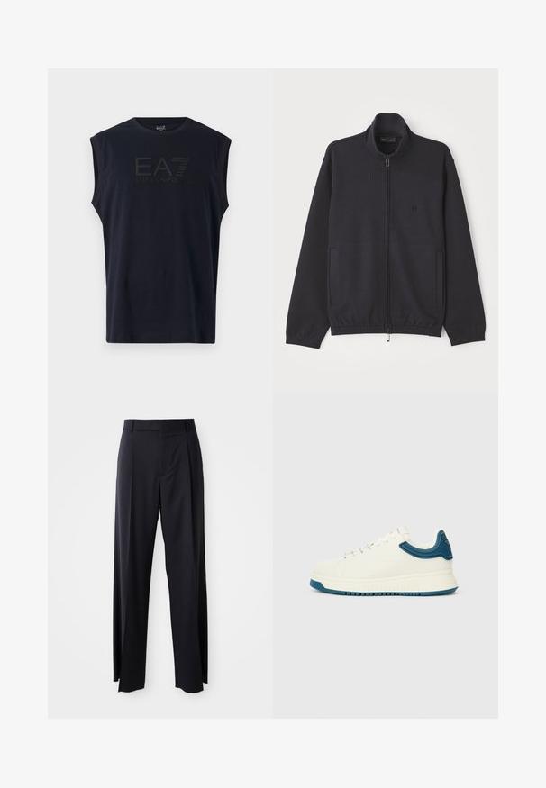 Casaco azul-marinho com fecho éclair, feito de tecido texturizado, com gola alta, dois bolsos laterais e um logótipo discreto no peito.; Camisola sem mangas de algodão azul-marinho com decote redondo, apresentando um destacado logo preto "EA7 EMPORIO ARMANI" na frente.; Calças pretas de cintura alta, com corte amplo, feitas de um tecido suave. Apresentam pregas frontais e passadores para cinto. Design minimalista, sem hardware visível.; Sapatilha branca com um acabamento liso, detalhes texturizados azuis à volta do colarinho e uma sola espessa. Apresenta cordões redondos e um design de cano baixo.