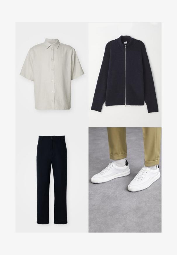 Maglione blu navy con chiusura a zip, caratterizzato da un motivo lavorato a maglia, colletto e polsini a coste, vestibilità rilassata e zip argentata.; Camicia a maniche corte con colletto di un beige chiaro, caratterizzata da una sottile texture a costine, con cinque bottoni sul davanti e una vestibilità rilassata.; Pantaloni color blu navy in cotone, con design a gamba dritta, chiusura con bottone frontale e vita classica con passanti per cintura.; Sneaker bianchi con finitura in pelle testurizzata, punta arrotondata e accentuazione nera sul tallone. Suola in gomma con piccolo motivo di battistrada e dettagli cuciti.