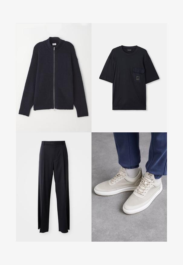 Marineblauer Zip-Pullover mit strukturiertem Strickmuster, geripptem Kragen und Bündchen, lässiger Passform und silbernem Reißverschluss.; Schwarzes kurzärmliges T-Shirt mit Rundhalsausschnitt und einer aufgesetzten Tasche auf der linken Brust, die mit einem kleinen rechteckigen Logo-Patch versehen ist.; Schwarze, hoch taillierte Hose mit weitem Bein, aus glattem Stoff. Verfügt über vorne gelegte Falten und Gürtelschlaufen. Minimalistisches Design, ohne sichtbare Beschläge.; Beiger Sneaker aus strukturiertem Material, runde Zehenform, mit Schnürsenkeln und minimalistischem Design. Weiße Sohle mit hellbraunen Akzenten. Trägt man zu navy Jogginghosen.