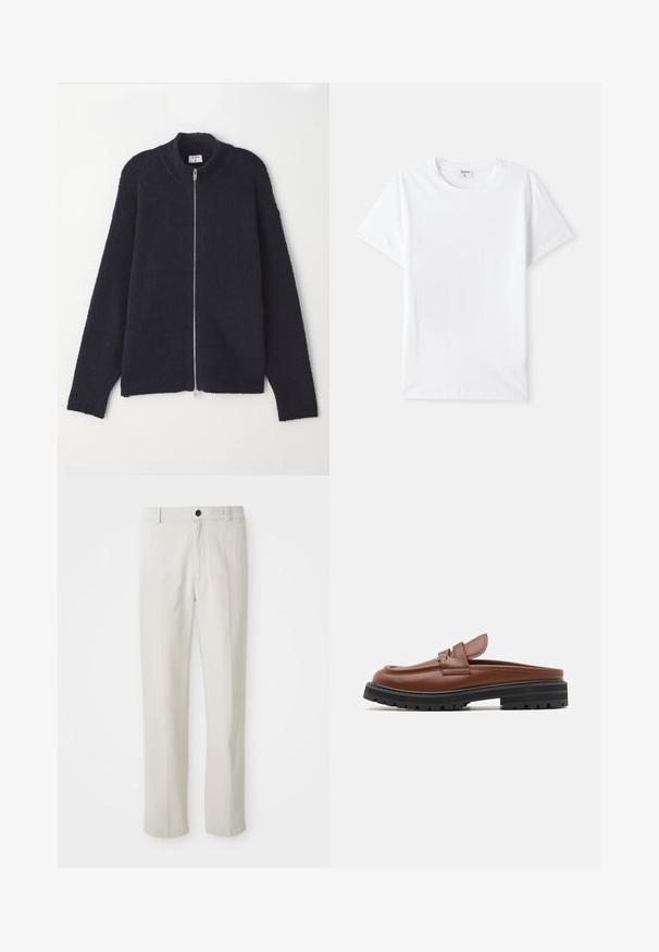 Laivyno mėlynos spalvos užtrauktukas megztinis su tekstūruotu megztiniu, raištelių apykakle ir rankogaliais, laisva silueto forma ir sidabriniu užtrauktuku.; Balta medvilninė marškinėlių, apvalia iškirpte, trumpomis rankovėmis, lygia tekstūra, be raštų ar akcentų, paprastas dizainas, standartinio kirpimo.; Bežiniai tiesūs keliai su diržo kilpomis, priekiniais mygtukais ir užtrauktuku, išdėstyti ant balto fono.; Marni SABOT - Įmautiniai batai - cognac