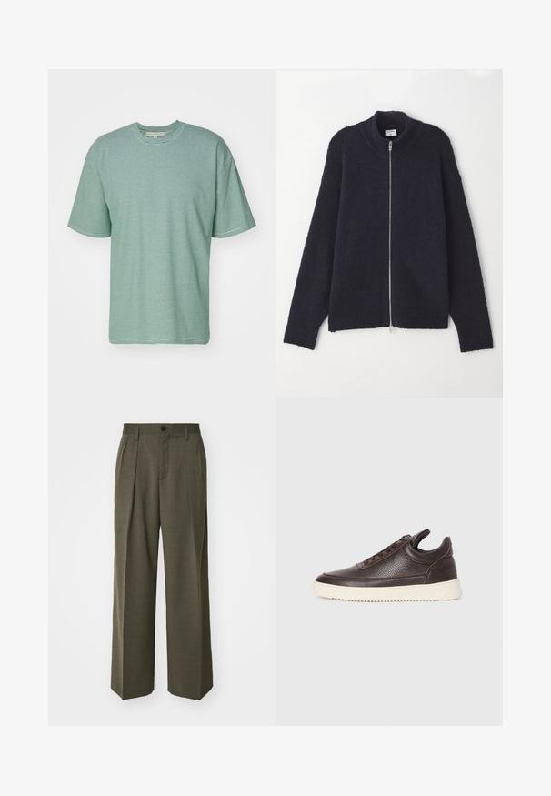 Laivyno mėlynos spalvos užtrauktukas megztinis su tekstūruotu megztiniu, raištelių apykakle ir rankogaliais, laisva silueto forma ir sidabriniu užtrauktuku.; Šviesiai žalia juostuota marškinėliai su tamsiai žaliomis horizontaliomis juostelėmis. Trumpomis rankovėmis, apvaliu kaklu, laisvo kirpimo. Minkšta audinio tekstūra.; Filippa K WIDE TROUSERS - Kelnės - driftwood; Tamsiai rudas tekstūruotas odinis sportbačius su raišteliais ir baltu grioveliu ant gumos pado, pateiktas ant šviesaus fono.