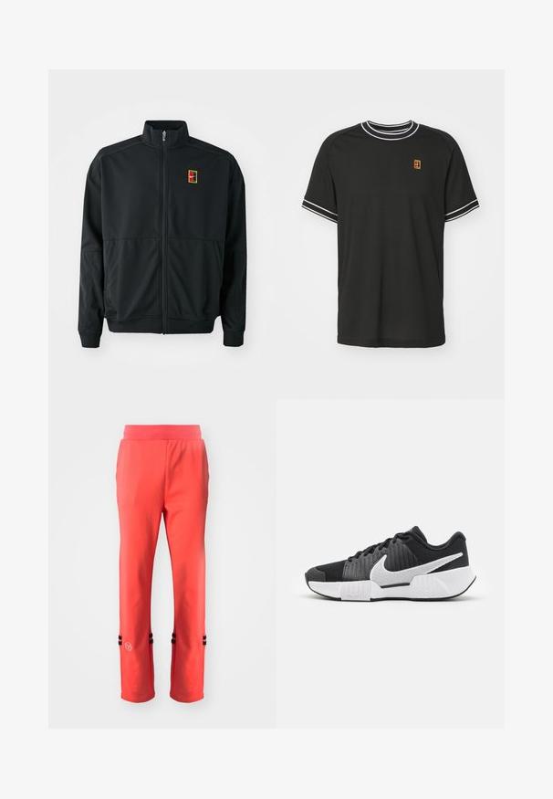 Svart zip-up jacka med hög krage. Tillverkad av slätt, lättviktigt tyg och har en liten flerfärgad logotyp på bröstet.; Svart kortärmad t-shirt i nätmaterial, med vit kant på kragen och ärmarna, samt en liten gul och röd logotyp på bröstet.; Korallfärgade träningbyxor med bred midjeresår, som har svarta randiga detaljer vid nederkanten och en liten logotyp på vänster sida. Slät yta.; Svarta träningsskor med en texturerad ovandel, vit swoosh-logotyp, vadderad häl och en kontrasterande vit sula med ett zickzack-mönster.