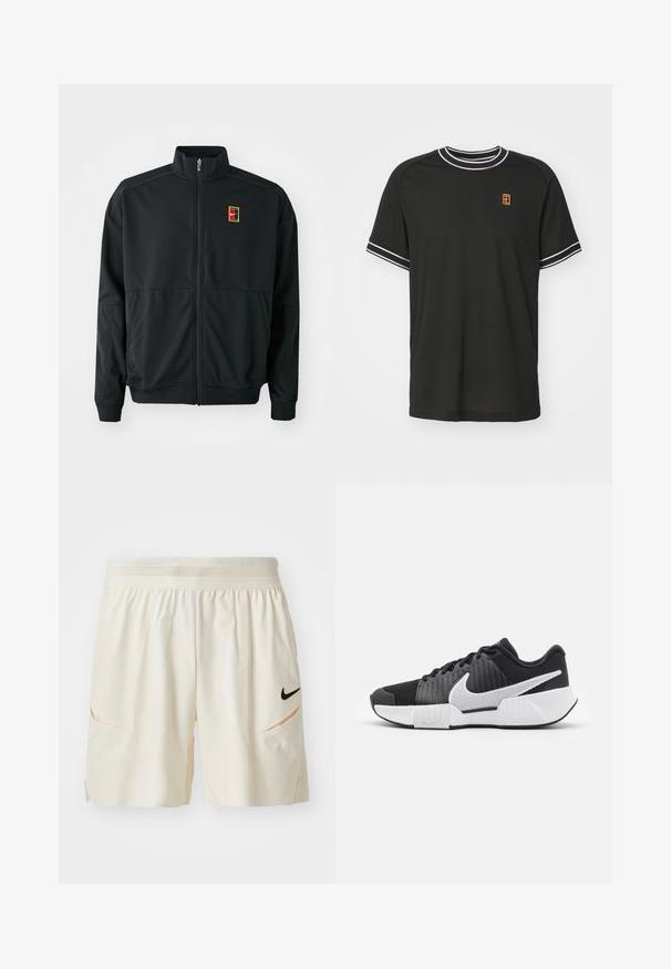 Chaqueta negra con cremallera y cuello alto. Confeccionada en tejido liso y ligero, presenta un pequeño logo multicolor en el pecho.; Camiseta negra de manga corta hecha de tejido de malla, con ribetes blancos en el cuello y las mangas, y un pequeño logotipo amarillo y rojo en el pecho.; Pantalones cortos de color crema claro, hechos de una tela suave, con una cinturilla de malla, dos bolsillos laterales y un pequeño logotipo negro de Nike en el muslo izquierdo.; Zapatillas deportivas negras con parte superior texturizada, logo de swoosh blanco, talón acolchado y suela blanca contrastante con un patrón en zigzag.
