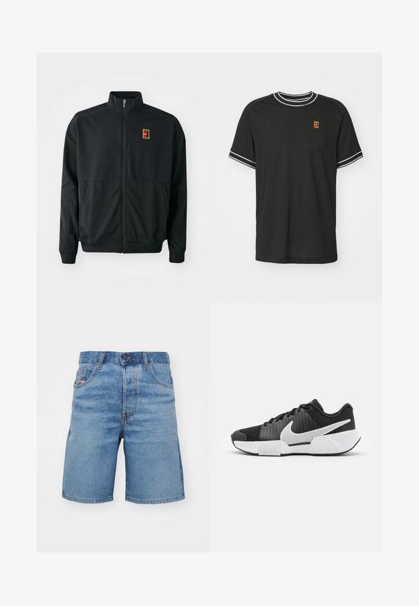 Casaco preto com fecho éclair e gola alta. Feito de um tecido leve e suave, apresentando um pequeno logótipo multicolorido no peito.; T-shirt preto de manga curta feito de tecido em malha, com detalhes brancos no colarinho e nas mangas, e um pequeno logótipo amarelo e vermelho no peito.; Calções de ganga azul claro com um corte clássico, ligeira descoloração, design de cinco bolsos e costura em tom cobre. Apresenta um fecho frontal com botão.; Sapatos atléticos pretos com um cabedal texturizado, logótipo swoosh branco, calcanhar acolchoado e uma sola branca em contraste com um padrão em zigzag.