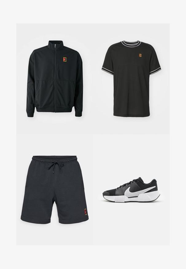 Casaco preto com fecho éclair e gola alta. Feito de um tecido leve e suave, apresentando um pequeno logótipo multicolorido no peito.; T-shirt preto de manga curta feito de tecido em malha, com detalhes brancos no colarinho e nas mangas, e um pequeno logótipo amarelo e vermelho no peito.; Calções de treino cinza-escuro feitos de uma mistura de algodão, com um cós elástico com cordão e um pequeno logótipo colorido na bainha inferior.; Sapatos atléticos pretos com um cabedal texturizado, logótipo swoosh branco, calcanhar acolchoado e uma sola branca em contraste com um padrão em zigzag.