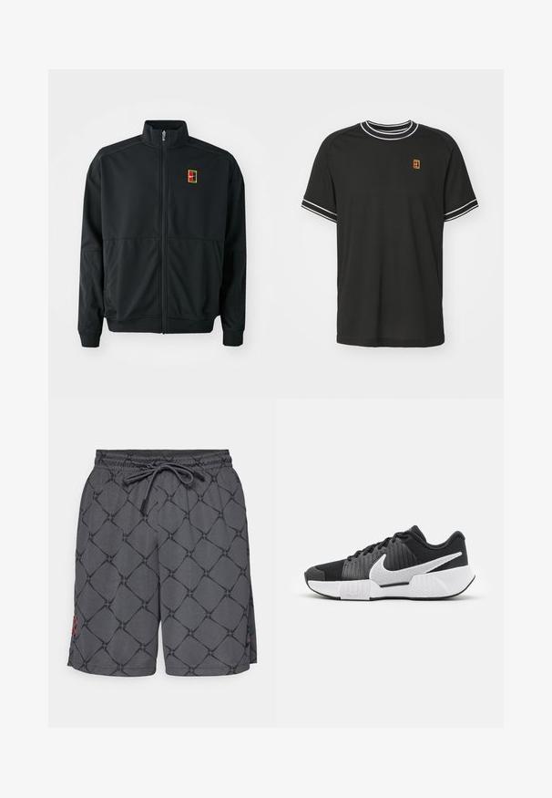 Casaco preto com fecho éclair e gola alta. Feito de um tecido leve e suave, apresentando um pequeno logótipo multicolorido no peito.; T-shirt preto de manga curta feito de tecido em malha, com detalhes brancos no colarinho e nas mangas, e um pequeno logótipo amarelo e vermelho no peito.; Calções de banho cinzentos com um padrão geométrico preto, cintura elástica e cordão. Apresenta costura vermelha na bainha lateral. Textura de tecido suave.; Sapatos atléticos pretos com um cabedal texturizado, logótipo swoosh branco, calcanhar acolchoado e uma sola branca em contraste com um padrão em zigzag.