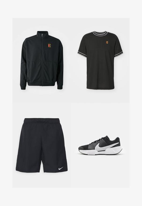 Zwarte ritsjack met een hoge kraag. Gemaakt van soepel, lichtgewicht materiaal en voorzien van een klein multi-kleurig logo op de borst.; Zwarte t-shirt met korte mouwen, gemaakt van mesh stof, voorzien van een witte rand op de kraag en mouwen, met een klein geel en rood logo op de borst.; Zwarte sportshorts met een elastische tailleband. Gemaakt van lichtgewicht stof met een wit Nike-logo aan de rechter onderkant.; Zwarte sportieve schoenen met een gestructureerde bovenkant, wit swoosh-logo, gepolsterde hiel en een contrasterende witte zool met een zigzagpatroon.