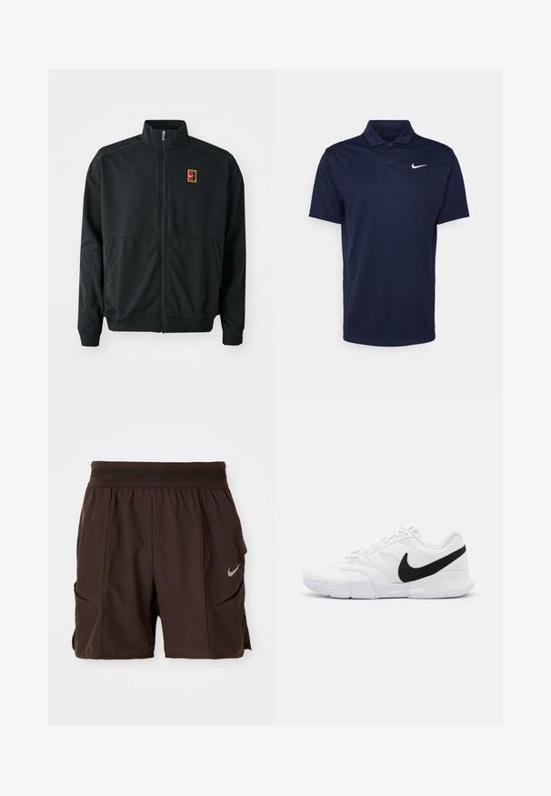 Chaqueta negra con cremallera y cuello alto. Confeccionada en tejido liso y ligero, presenta un pequeño logo multicolor en el pecho.; Polo de color azul marino hecho de tela suave, con cuello de tres botones, mangas cortas y un pequeño logo blanco de Nike en el pecho.; Shorts deportivos de color marrón oscuro con cintura elástica, bolsillos laterales y logo reflectante de Nike en la pierna derecha.; Zapatillas deportivas blancas con parte superior texturizada, logo de Nike en negro, cuello acolchado y suela de goma sólida con dibujo en patrón.