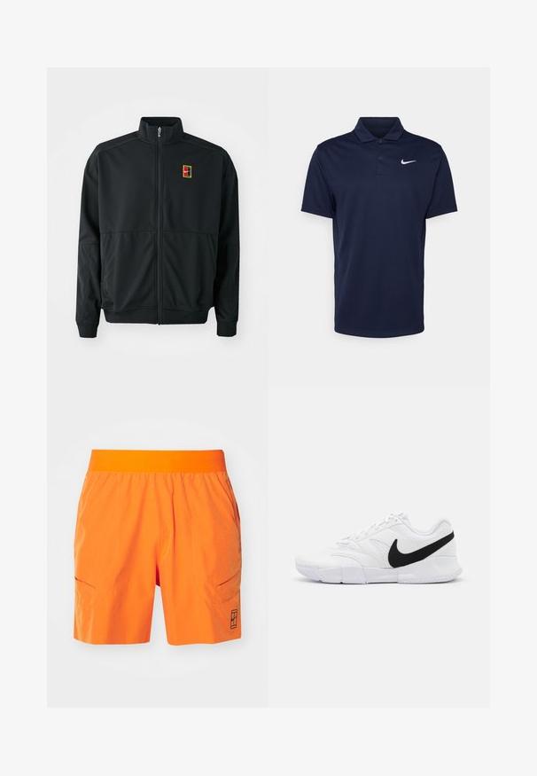 Svart zip-up jacka med hög krage. Tillverkad av slätt, lättviktigt tyg och har en liten flerfärgad logotyp på bröstet.; Marinblå polo skjorta i mjukt tyg, med treknappsplacket, korta ärmar och en liten vit Nike-logotyp på bröstet.; Klarröda shorts med elastiskt midjeband, två framfickor och en sidficka. Lättviktsmaterial med en strukturerad yta.; Vita idrottsskor med en texturerad ovandel, svart Nike-logotyp, vadderad krage samt en solid gummisula med mönstrad slitbana.