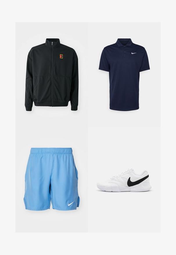 Chaqueta negra con cremallera y cuello alto. Confeccionada en tejido liso y ligero, presenta un pequeño logo multicolor en el pecho.; Polo de color azul marino hecho de tela suave, con cuello de tres botones, mangas cortas y un pequeño logo blanco de Nike en el pecho.; Bermudas deportivas de color azul claro con cintura elástica, bolsillos laterales y un pequeño logo de Nike en blanco en la parte inferior derecha delantera. Textura de tela suave.; Zapatillas deportivas blancas con parte superior texturizada, logo de Nike en negro, cuello acolchado y suela de goma sólida con dibujo en patrón.
