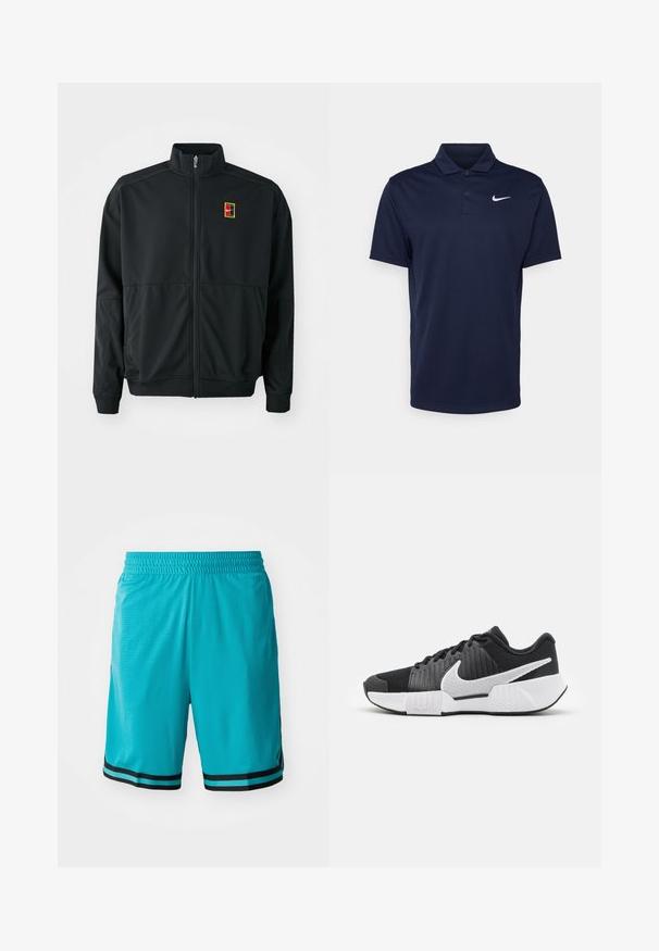 Mustakas zip-up jakk, kõrge kraega. Valmistatud siledast, kergest kangast, rinnal on väike mitmevärviline logo.; Tumedat sinine polo särk, mis on valmistatud siledast kangast, kolme nööbiga riideehe, lühikeste varrukatega ja väikese valge Nike logo'ga rinnal.; Türkiissinised spordilühikesed püksid, mis on valmistatud kergest kangast, omavad tekstuurset pinda, elastset vööd ja musti horisontaalseid riba all servas.; Mustad mustossid, millel on tekstureeritud ülemine osa, valge swoosh-logo, pehmendatud kand ja kontrastne valge uus, millel on siksakmuster.