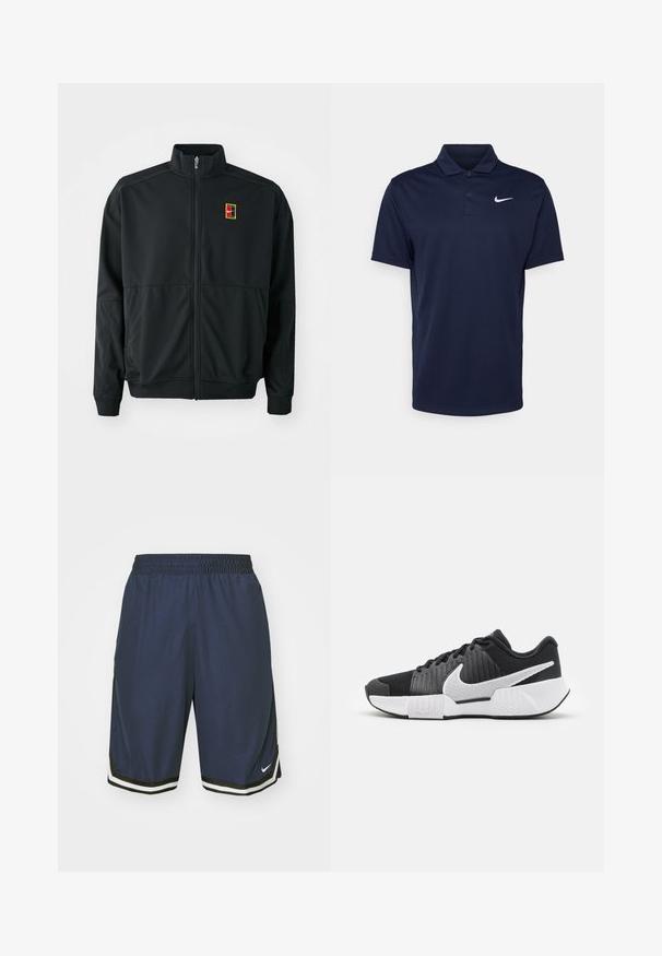 Mustaan zip-up-takki korkealla kauluksella. Valmistettu sileästä, kevyestä kankaasta, jossa on pieni monivärinen logo rinnassa.; Sini polo paita, joka on valmistettu sileästä kankaasta, jossa on kolmipainikkeinen kaulus, lyhyet hihat ja pieni valkoinen Nike-logo rinnassa.; Nike Performance DNA SHORT - Urheilushortsit - midnight navy/black/white; Mustat urheilukengät, joissa on tekstuuri päällä, valkoinen swoosh-logo, pehmustettu kanta ja kontrastivalkoinen pohja, jossa on sahalaitakuviota.