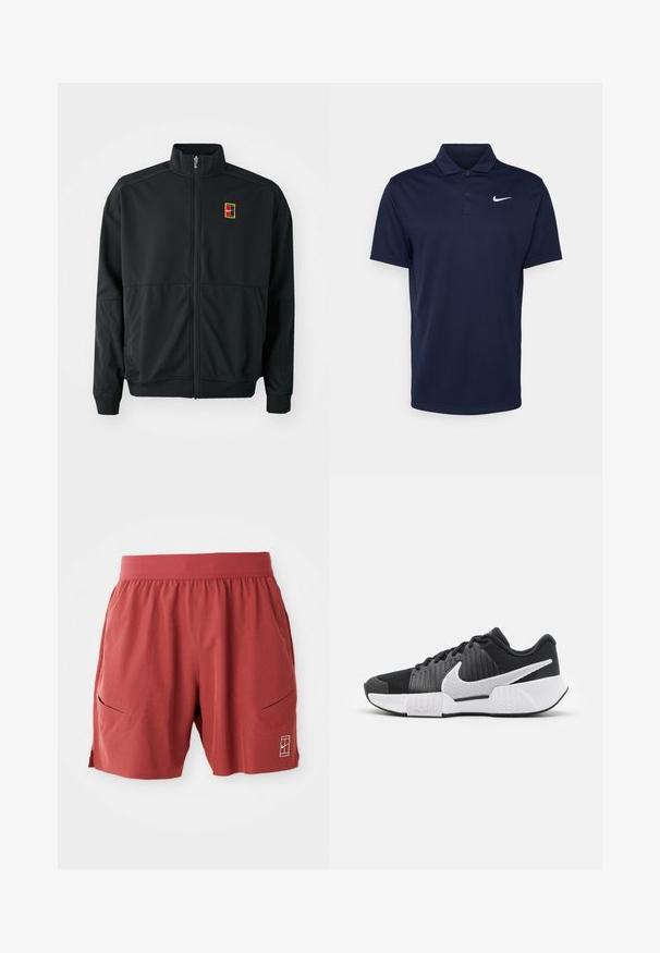 Schwarze Zip-Jacke mit hohem Kragen. Hergestellt aus glattem, leichtem Stoff und mit einem kleinen, mehrfarbigen Logo auf der Brust.; Navyblaues Polohemd aus glattem Stoff, mit einer Drei-Knopf-Leiste, kurzen Ärmeln und einem kleinen weißen Nike-Logo auf der Brust.; Rote Trainingsshorts mit einem elastischen Bund, zwei Seitentaschen und einem kleinen Logo auf der unteren rechten Seite. Glatte Textur, Oberschenkel-lange.; Schwarze Sportschuhe mit einer strukturierten Oberseite, weißem Swoosh-Logo, gepolstertem Fersenbereich und einer kontrastierenden weißen Sohle mit einem Zickzackmuster.