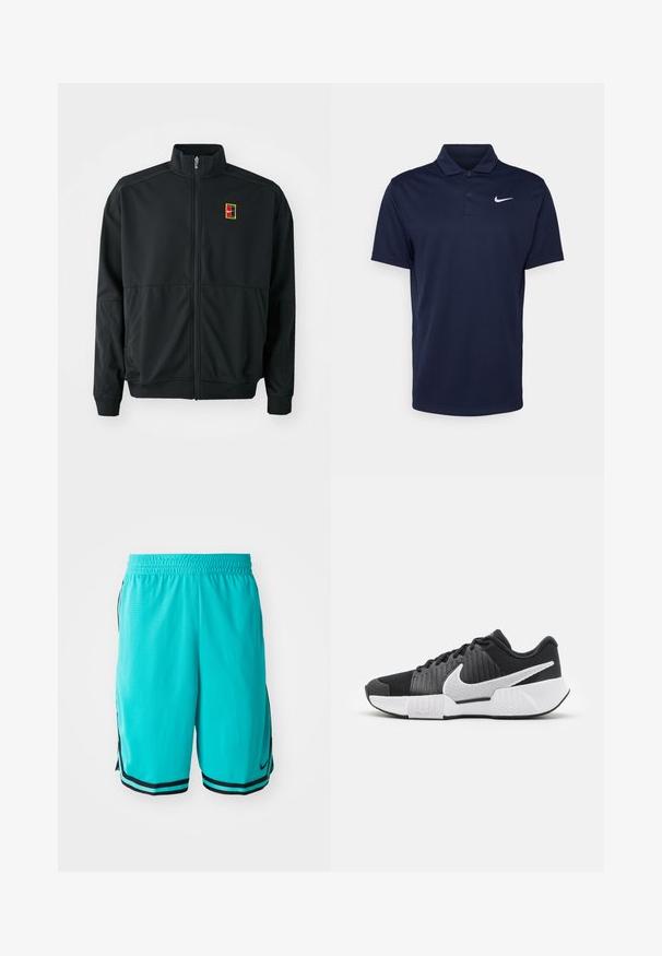 Zwarte ritsjack met een hoge kraag. Gemaakt van soepel, lichtgewicht materiaal en voorzien van een klein multi-kleurig logo op de borst.; Navyblauwe polo gemaakt van gladde stof, met een drieknoopsluiting, korte mouwen en een klein wit Nike-logo op de borst.; Turquoise sportieve shorts met een mesh structuur, met zwarte zijstrepen en een zwarte rand aan de zoom, elastische tailleband en een Nike logo.; Zwarte sportieve schoenen met een gestructureerde bovenkant, wit swoosh-logo, gepolsterde hiel en een contrasterende witte zool met een zigzagpatroon.