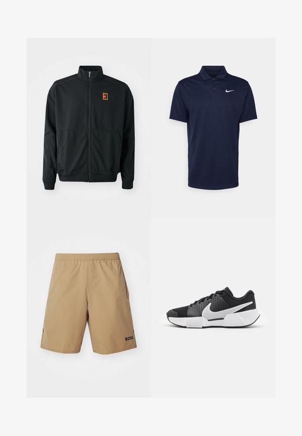 Fekete, cipzárral záródó dzseki magas gallérral. Simító, könnyű anyagból készült, amelyen egy kis, színes logó található a mellkason.; Sötétkék pólóing sima anyagból készült, háromgombos légkörrel, rövid ujjakkal és egy kis fehér Nike logóval a mellkasán.; Kaki színű rövidnadrág elasztikus derékrésszel, oldalsó zsebekkel és fekete "BOSS" logóval. Simább, könnyű anyagból készült, egyenes szabású.; Fekete sportcipők textúrázott felsőrésszel, fehér Swoosh logóval, párnázott sarokkal és kontrasztos fehér talppal, amelyet zigzag minta díszít.