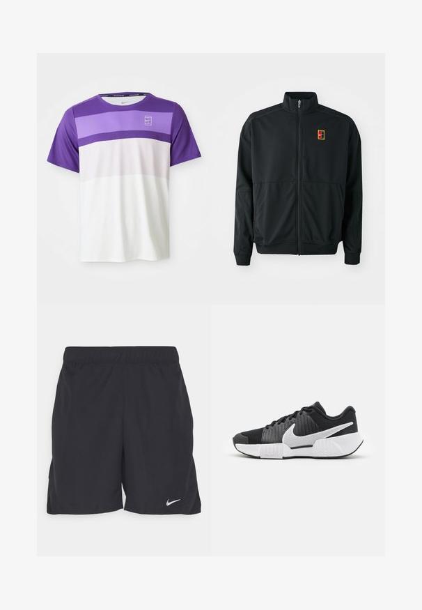 Schwarze Zip-Jacke mit hohem Kragen. Hergestellt aus glattem, leichtem Stoff und mit einem kleinen, mehrfarbigen Logo auf der Brust.; Kurze Ärmel Nike Sport-T-Shirt mit horizontalen Farbkombinationen aus lila, lavendel, hellrosa und weiß sowie dem NikeCourt-Logo auf der Brust.; Schwarze Sportshorts aus leichtem Material, mit einem elastischen Bund und einem kleinen weißen Nike-Logo auf der linken unteren Seite.; Schwarze Sportschuhe mit einer strukturierten Oberseite, weißem Swoosh-Logo, gepolstertem Fersenbereich und einer kontrastierenden weißen Sohle mit einem Zickzackmuster.