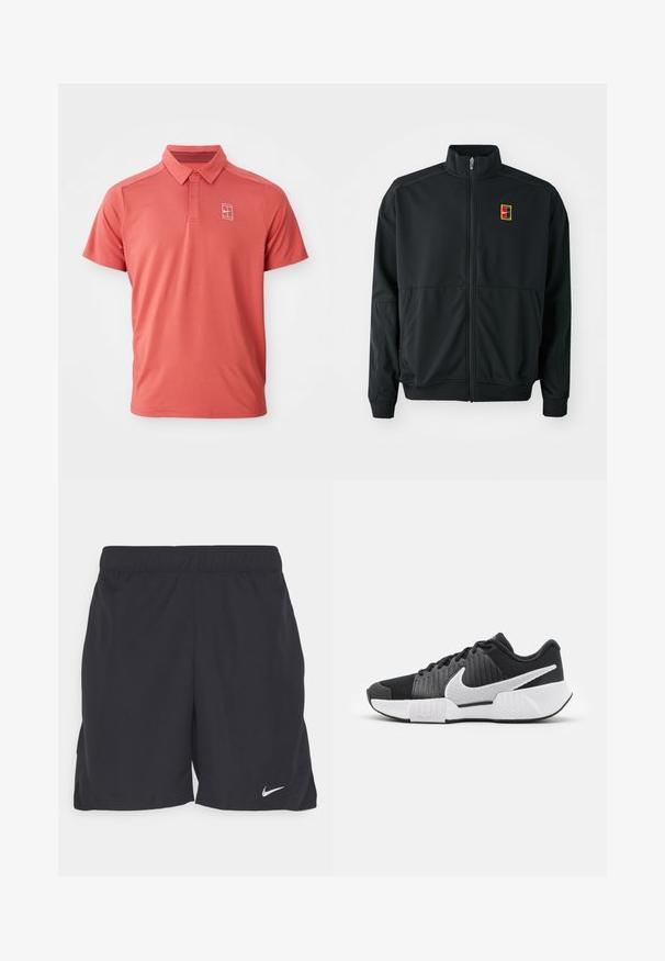 Mustaan zip-up-takki korkealla kauluksella. Valmistettu sileästä, kevyestä kankaasta, jossa on pieni monivärinen logo rinnassa.; Polo-paita lyhythihaisena korallinvärisenä, jossa on kaulus, napitus ja pieni valkoinen logo rinnassa. Valmistettu hengittävästä, teksturoidusta kankaasta.; Mustat urheilushortsit, jotka on valmistettu kevyestä kankaasta. Niissä on joustava vyötärönauha ja pieni valkoinen Nike-logo vasemmassa alareunassa.; Mustat urheilukengät, joissa on tekstuuri päällä, valkoinen swoosh-logo, pehmustettu kanta ja kontrastivalkoinen pohja, jossa on sahalaitakuviota.