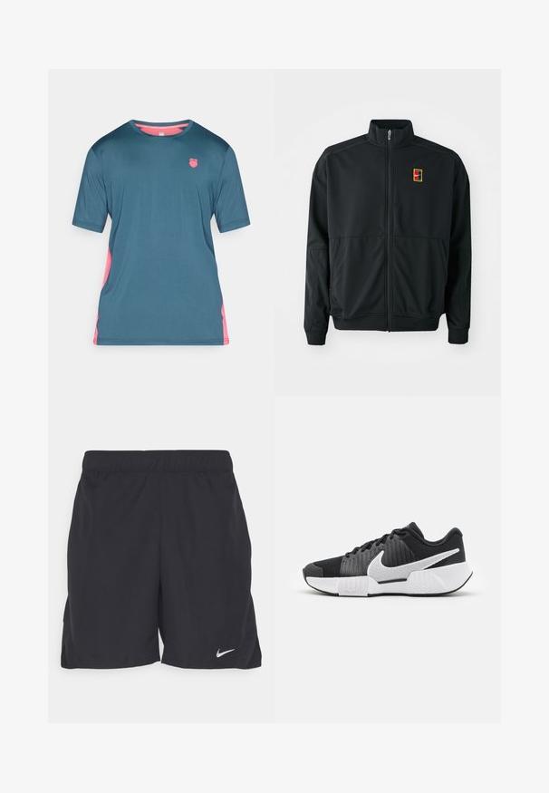 Casaco preto com fecho éclair e gola alta. Feito de um tecido leve e suave, apresentando um pequeno logótipo multicolorido no peito.; Camisa atlética de manga curta em verde-azulado escuro com detalhes em rosa nas laterais e na gola; tecido suave e leve com um pequeno logótipo no peito.; Shorts atléticos pretos feitos de um tecido leve, com um cós elástico e um pequeno logo da Nike branco no lado inferior esquerdo.; Sapatos atléticos pretos com um cabedal texturizado, logótipo swoosh branco, calcanhar acolchoado e uma sola branca em contraste com um padrão em zigzag.