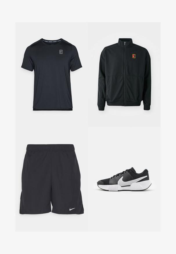 Svart zip-up jacka med hög krage. Tillverkad av slätt, lättviktigt tyg och har en liten flerfärgad logotyp på bröstet.; Svart kortärmad träningströja i glatt tyg, med en liten logotyp på bröstet och rundad halsringning.; Svarta sportbyxor i lättviktig tyg, med elastisk midja och en liten vit Nike-logotyp på nedre vänstra sidan.; Svarta träningsskor med en texturerad ovandel, vit swoosh-logotyp, vadderad häl och en kontrasterande vit sula med ett zickzack-mönster.