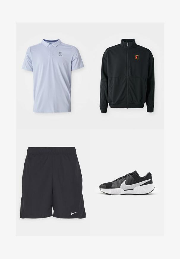 Casaco preto com fecho éclair e gola alta. Feito de um tecido leve e suave, apresentando um pequeno logótipo multicolorido no peito.; Polo de cor azul clara com colarinho, mangas curtas e um padrão texturizado subtil. Apresenta um pequeno logo escuro no lado superior esquerdo.; Shorts atléticos pretos feitos de um tecido leve, com um cós elástico e um pequeno logo da Nike branco no lado inferior esquerdo.; Sapatos atléticos pretos com um cabedal texturizado, logótipo swoosh branco, calcanhar acolchoado e uma sola branca em contraste com um padrão em zigzag.