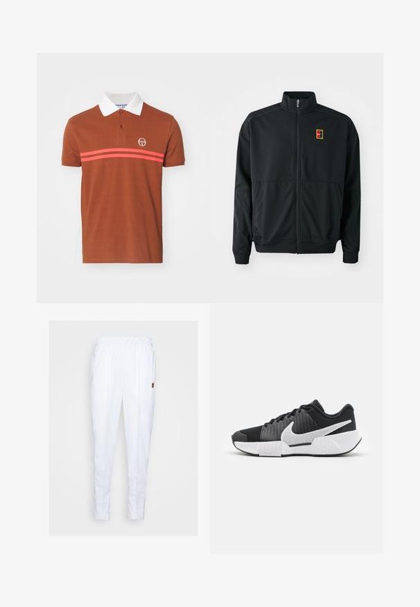 Chaqueta negra con cremallera y cuello alto. Confeccionada en tejido liso y ligero, presenta un pequeño logo multicolor en el pecho.; Camisa polo marrón con cuello blanco, que presenta dos rayas horizontales rosas y un logo en el pecho. Fabricada con tejido texturizado.; Pantalones deportivos blancos con cintura elástica, que cuentan con bolsillos laterales y detalles de costura sutiles a lo largo de las piernas.; Zapatillas deportivas negras con parte superior texturizada, logo de swoosh blanco, talón acolchado y suela blanca contrastante con un patrón en zigzag.