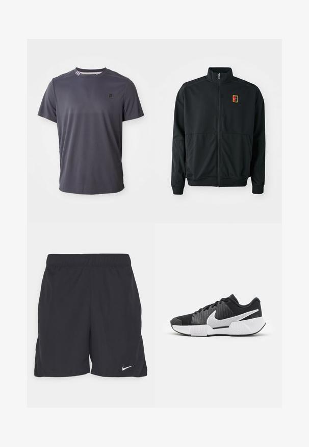 Black zip-up jacket with a high collar. Made of smooth, lightweight fabric, featuring a small multi-colored logo on the chest.; Dark gray short-sleeve athletic t-shirt with small black logo on left chest and striped detail inside the collar.; Black athletic shorts made of lightweight fabric, featuring an elastic waistband and a small white Nike logo on the lower left side.; Black athletic shoes with a textured upper, white swoosh logo, padded heel, and a contrasting white sole featuring a zigzag pattern.