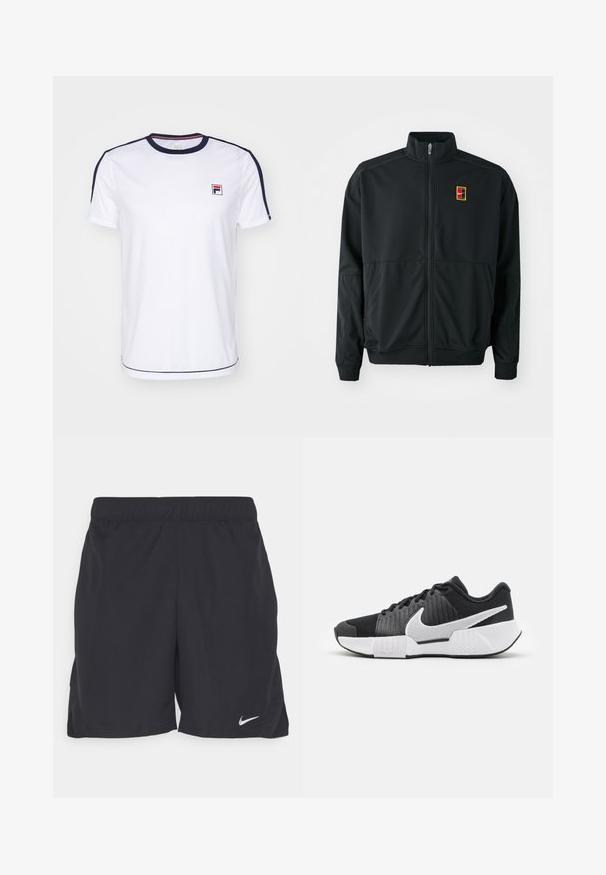 Czarna kurtka z zamkiem błyskawicznym i wysokim kołnierzem. Wykonana z gładkiego, lekkiego materiału, z małym, wielokolorowym logo na klatce piersiowej.; Biała koszulka z krótkim rękawem, wykonana z oddychającego materiału, z granatowymi akcentami na rękawach i małym logo FILA na piersi.; Czarne szorty sportowe wykonane z lekkiego materiału, z elastycznym pasem i małym białym logo Nike na dolnej lewej stronie.; Czarne buty sportowe z teksturowaną cholewką, białym logo swoosh, wyściełanym zapiętkiem oraz kontrastującą białą podeszwą z wzorem w zygzak.
