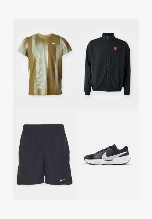 Chaqueta negra con cremallera y cuello alto. Confeccionada en tejido liso y ligero, presenta un pequeño logo multicolor en el pecho.; Camiseta de Nike de manga corta en tonos marrones y crema con patrones de rayas verticales y cuadros. Presenta un cuello redondo y un logo sutil.; Pantalones cortos deportivos negros hechos de un tejido ligero, con una cinturilla elástica y un pequeño logo blanco de Nike en la parte inferior izquierda.; Zapatillas deportivas negras con parte superior texturizada, logo de swoosh blanco, talón acolchado y suela blanca contrastante con un patrón en zigzag.