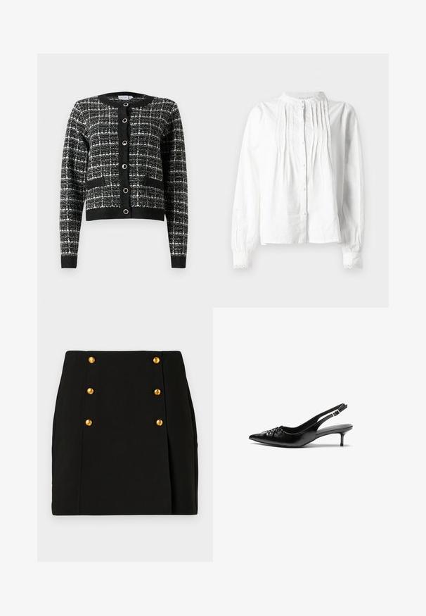 Črno-bela vzorčasta cardigan jopica z okroglim izrezom, sprednjim gumbom, dvema žepoma in rebrastimi manšetami, izdelana iz strukturirane tkanine.; Bela dolga bluza z dolgimi rokavi in stojčasto ovratnikom, vertikalni gubami spredaj, zapiranjem na gumbe in manšetami z čipkastim robom.; Črna mini krilo s prilegajočo zasnovo, ki ima sprednji del z štirimi zlatimi gumbi in bočno gube. Narejeno iz gladkega materiala.; Črne usnjene slingback pete z izostrenim nosom, majhno mačje peto in okrasno vozličasto podrobnostjo na sprednjem delu. Gladka tekstura po celotni površini.