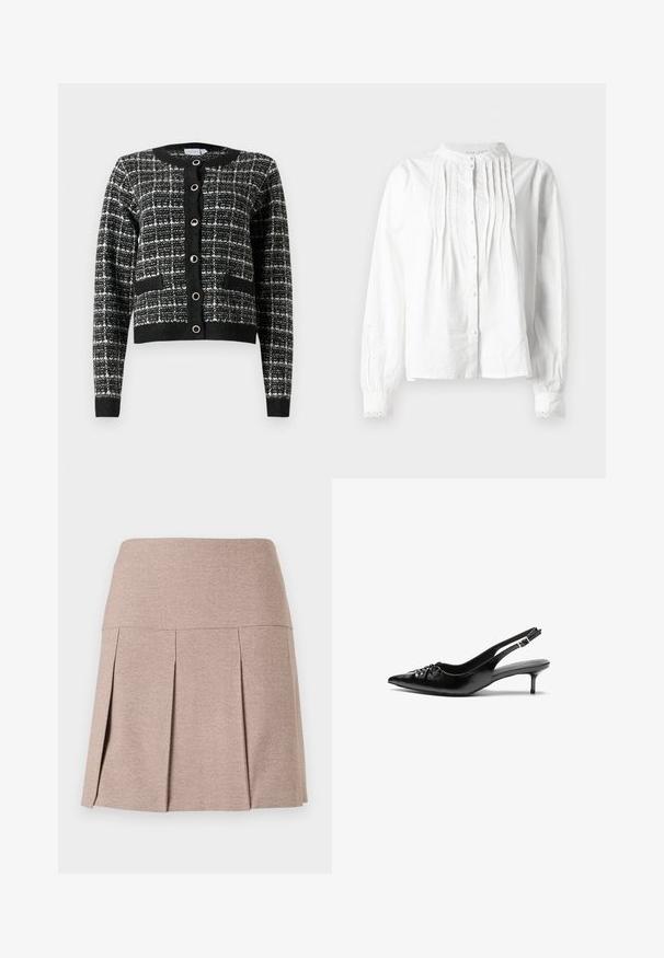 Čierny a biely károvaný cardigan s okrúhlym výstrihom, predným zapínaním na gombíky, dvoma vreckami a rebrovanými manžetami, vyrobený z textúrovanej tkaniny.; Biely blúz s dlhým rukávom a stojacím golierom, s vertikálnymi plissé na prednej časti, zapínaním na gombíky a rukávmi s čipkovaným lemovaním.; Záhybová sukňa v jemnej béžovej látke so hladkým pásom, s textúrovaným, ľahkým materiálom a rovnými okrajmi.; Čierne kožené slingback podpätky s ostrou špičkou, malým podpatkom a dekoratívnym uzlom vpredu. Hladký povrch po celom obvode.