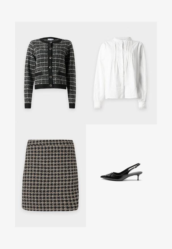 Svart og hvit mønstret cardigan med rund hals, frontlukking med knapper, to lommer og ribbestrikkede mansjetter, laget av teksturert stoff.; Hvit langermet bluse med stående krage, vertikale folder foran, knappelukking og blondebesatte mansjetter.; Svart og beige rutete miniskjørt med teksturert vev og en jevn linning, med en strukturert passform og enkelt design.; Sorte skinnert remsandaler med spiss tå, liten kittenhæl og en dekorativ knute detalj foran. Glatt tekstur gjennom hele.