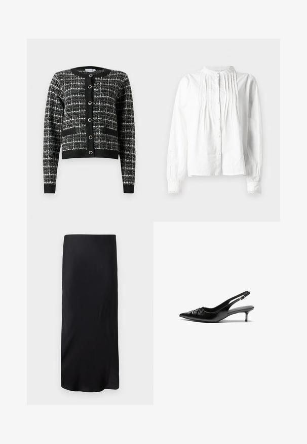Cardigan noir et blanc à motifs avec un col rond, fermeture à boutons sur le devant, deux poches et poignets côtelés, fabriqué en tissu texturé.; Blouse blanche à manches longues avec col montant, plis verticaux à l'avant, fermeture à boutons et poignets bordés de dentelle.; Jupe midi noire sans manches en tissu lisse. Présente une forme droite et allongée sans motifs ni accents. Design simple et minimaliste.; Des escarpins en cuir noir à talon slingback, avec un bout pointu, un petit talon kitten et un détail de nœud décoratif à l'avant. Texture lisse sur toute la surface.