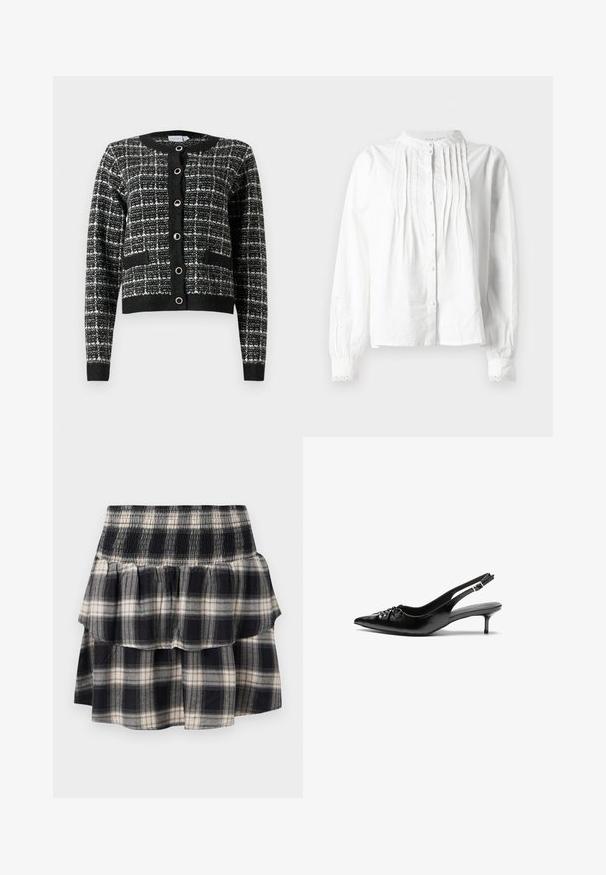 Čierny a biely károvaný cardigan s okrúhlym výstrihom, predným zapínaním na gombíky, dvoma vreckami a rebrovanými manžetami, vyrobený z textúrovanej tkaniny.; Biely blúz s dlhým rukávom a stojacím golierom, s vertikálnymi plissé na prednej časti, zapínaním na gombíky a rukávmi s čipkovaným lemovaním.; Čierno-biela kockovaná sukňa s tierovaním a elastickým pásom. Obsahuje volánové vrstvy a mäkkú bavlnenú textúru.; Čierne kožené slingback podpätky s ostrou špičkou, malým podpatkom a dekoratívnym uzlom vpredu. Hladký povrch po celom obvode.