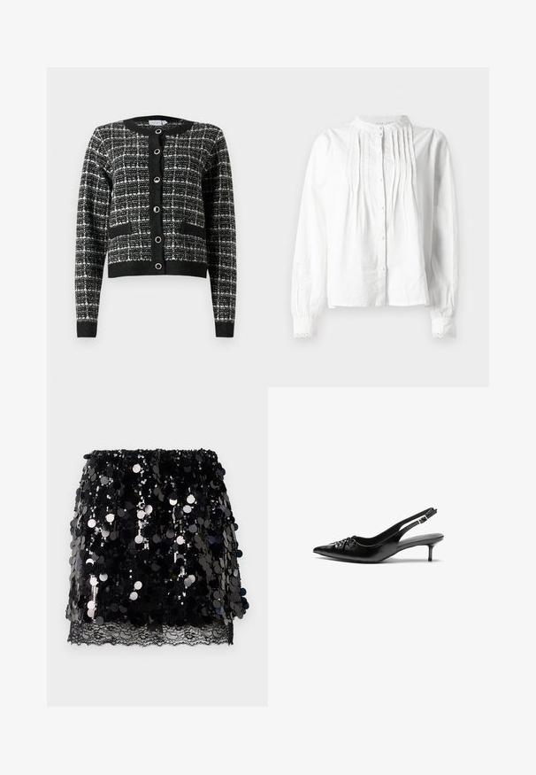Černobílé vzorované kardigan s kulatým výstřihem, předním zapínáním na knoflíky, dvěma kapsami a žebrovanými manžetami, vyrobený z texturované tkaniny.; Bílá dlouhá halenka s dlouhými rukávy a stojáčkovým límcem, vertikální záhyby vpředu, zapínání na knoflíky a manžety s krajkovým lemováním.; Černá mini sukně s velkými lesklými flitry vrstvenými přes jemné černé krajkové lemování na spodním okraji, rozložená na bílém pozadí.; Černé kožené lodičky na slingback s špičatou špičkou, malým podpatkem typu kitten a ozdobným uzlem na přední straně. Hladký povrch po celém obvodu.