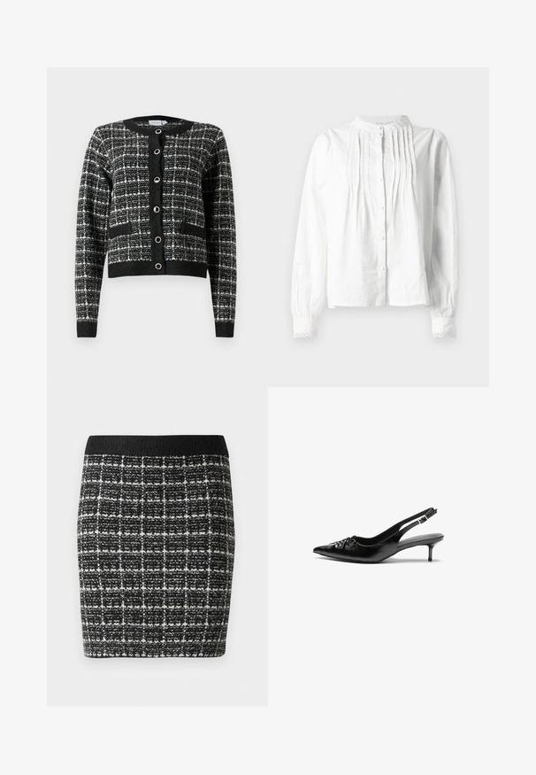 Cardigan noir et blanc à motifs avec un col rond, fermeture à boutons sur le devant, deux poches et poignets côtelés, fabriqué en tissu texturé.; Blouse blanche à manches longues avec col montant, plis verticaux à l'avant, fermeture à boutons et poignets bordés de dentelle.; Jupe à carreaux noir et blanc en tissu texturé, avec une taille noire et une silhouette cintrée.; Des escarpins en cuir noir à talon slingback, avec un bout pointu, un petit talon kitten et un détail de nœud décoratif à l'avant. Texture lisse sur toute la surface.